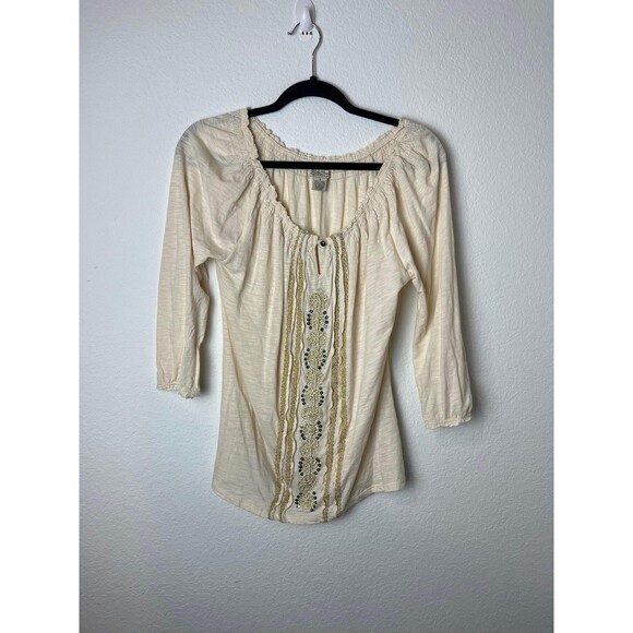 Lucky Brand Shirt Womens Small Ivory Embroidered Boho Peasant 3/4 Sleeve Beaded - Picture 1 of 6